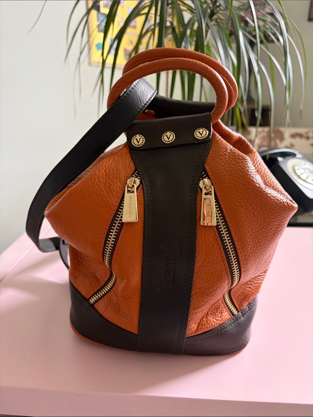 Valentina Orange and Black Leather Mini Bucket Bag